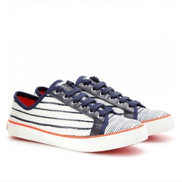 TORY Burch Millie White & Blue Lace Up Leather Snakeskin Striped Sneakers